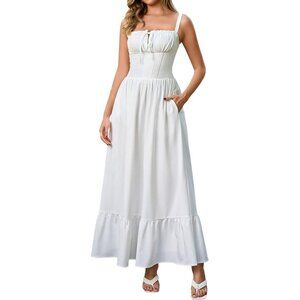 Women's White Corset Maxi Dress Casual Lace Up Flowy A Line Vacation Weeding